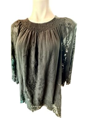 Saks Black Label Cotton Boho Blouse Cutwork Lace Embroidered Top M